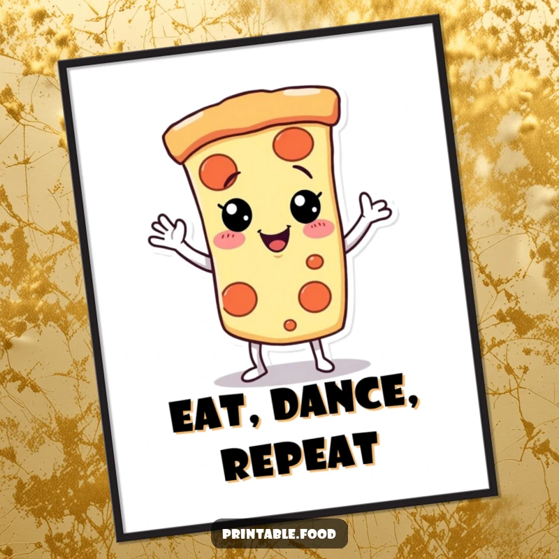 Funny Poster of a giggling pizza slice character dancing playfully, adding a touch of edible art.