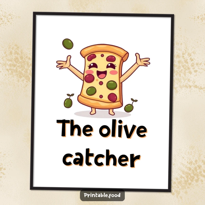 Funny poster art of a cheerful pizza slice character catching falling olives, adding a delicious, humorous touch to decor.