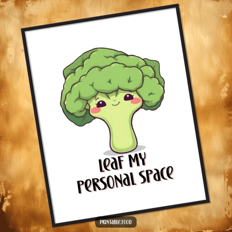 Funny poster art of a shy broccoli floret peeking out from a large leaf, an amusing piece of veggie decor.