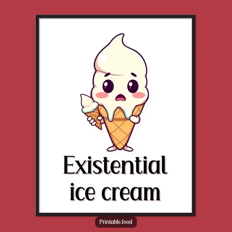 Funny Surprised Melting Ice Cream Cone Poster - Whimsical Cartoon Wall Art