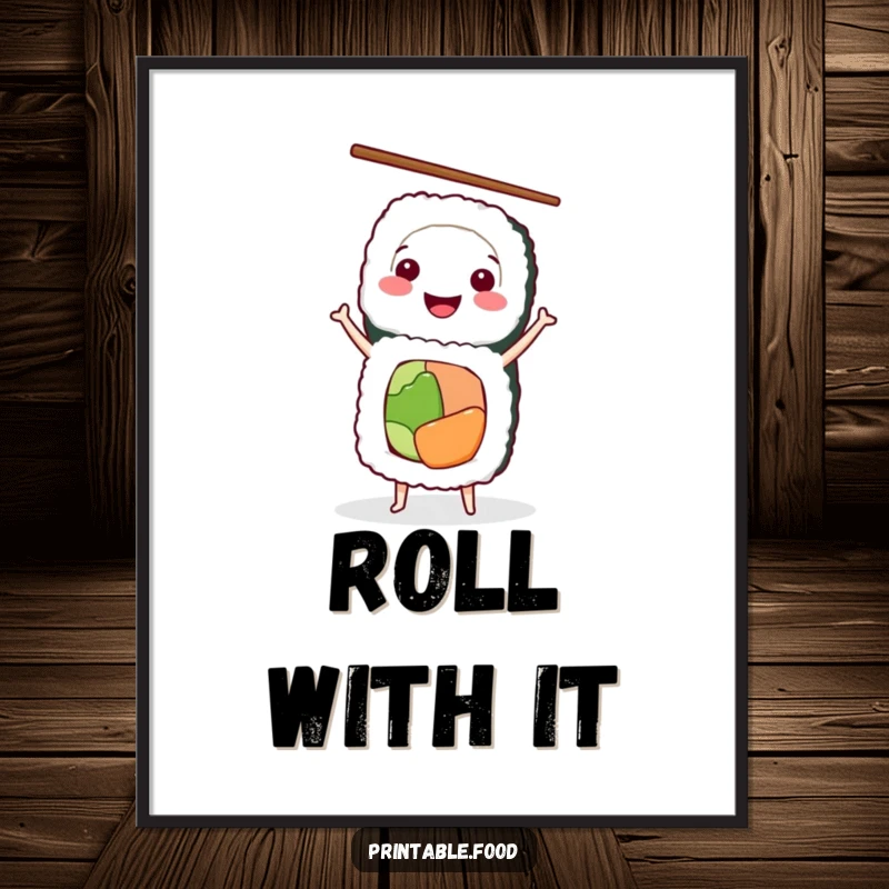 Funny Poster of a smiling sushi roll character in a handstand, chopsticks held high, adding culinary charm.