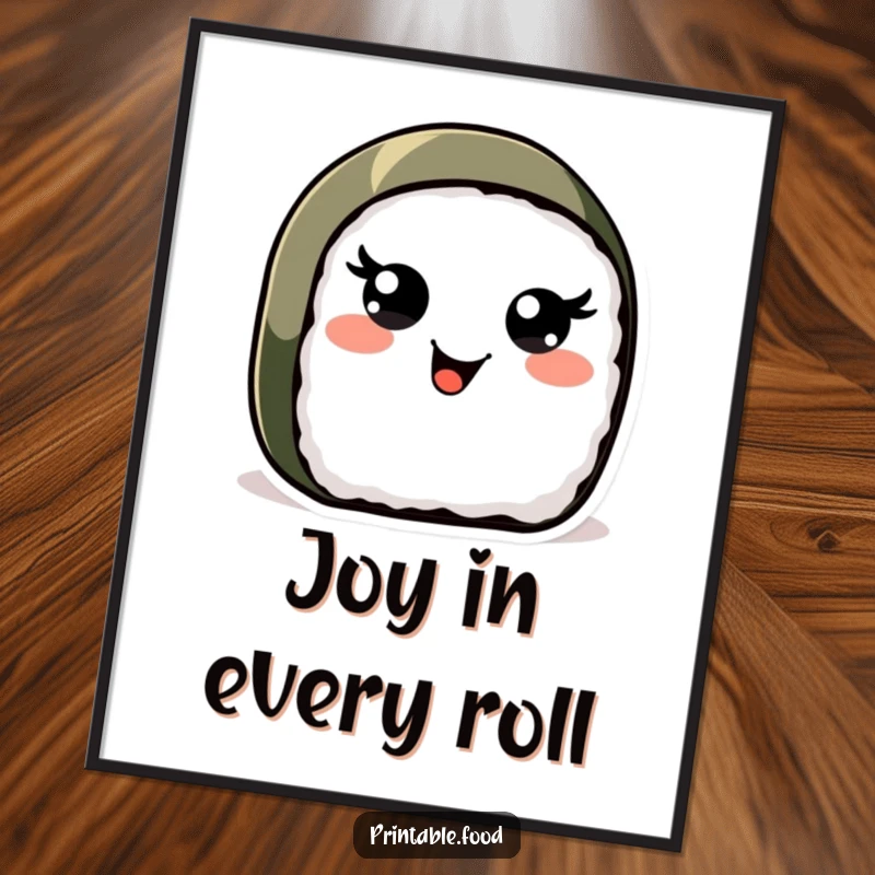 Funny Sushi Roll Art Print: A beaming sushi roll character with lively, dancing eyes radiates pure happiness and culinary delight.