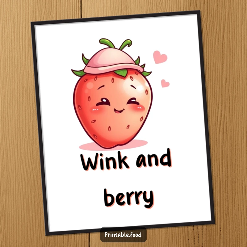 Funny poster showcasing a mischievous strawberry wearing a hat and a playful wink, ideal for humorous wall decor.