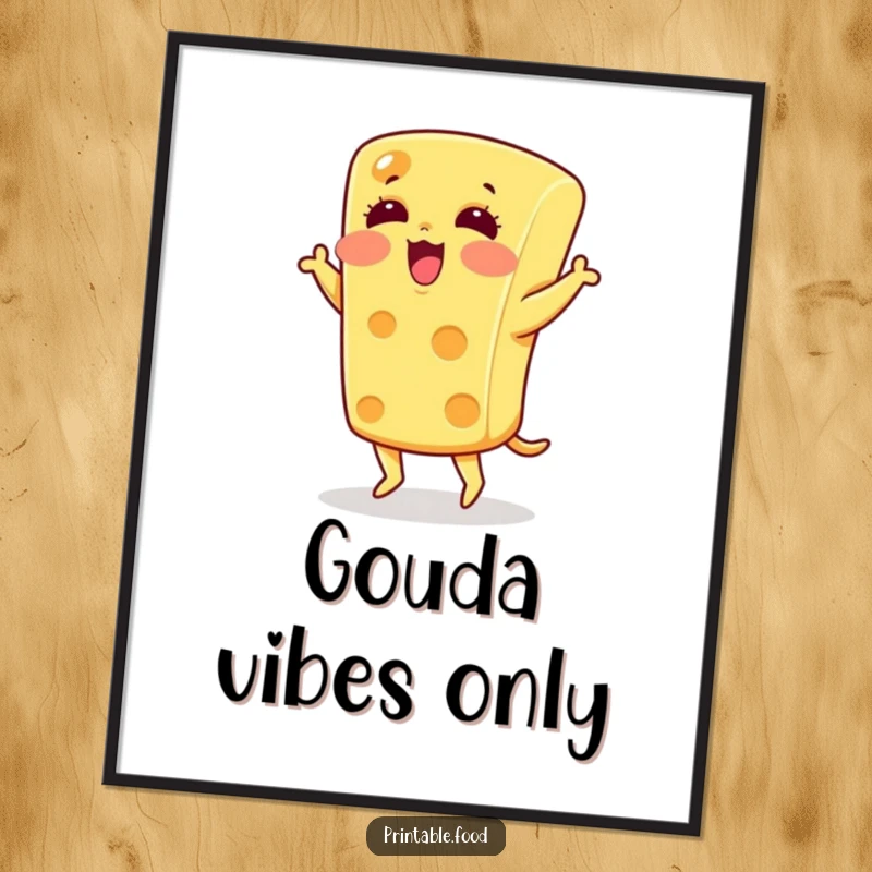 Funny blushing cheese character doing a silly jig dance, displayed on a poster for charming food-themed decor.