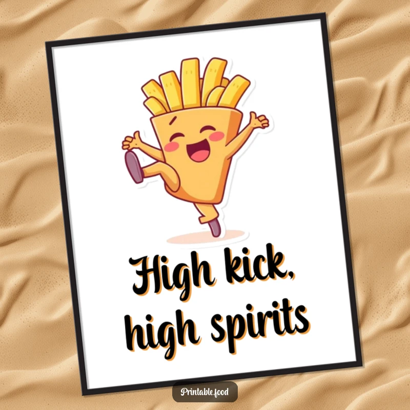 Funny poster print of a delighted french fry character executing a perfect high kick, bringing vibrant energy and humor to any wall.