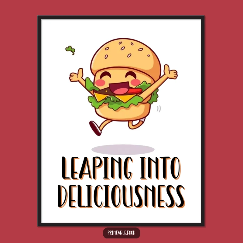 Funny Burger Poster: Grinning Leaping Character, Wonderful Funny Gift for Walls