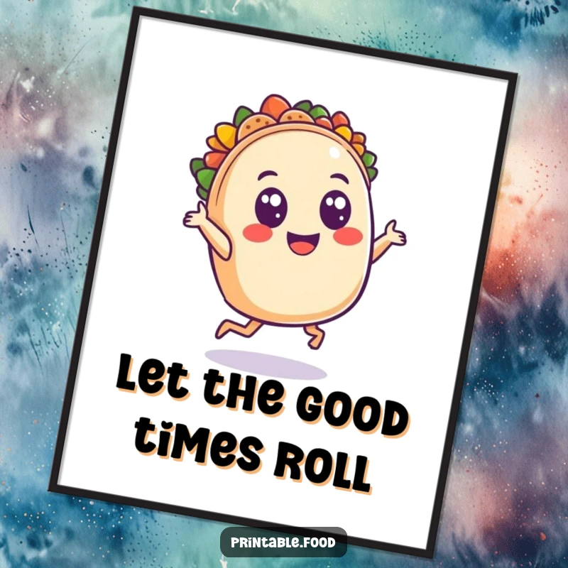 Funny poster depicting a smiling taco character dancing with wide, joyful eyes, bringing festive energy and food-lover fun to your decor.