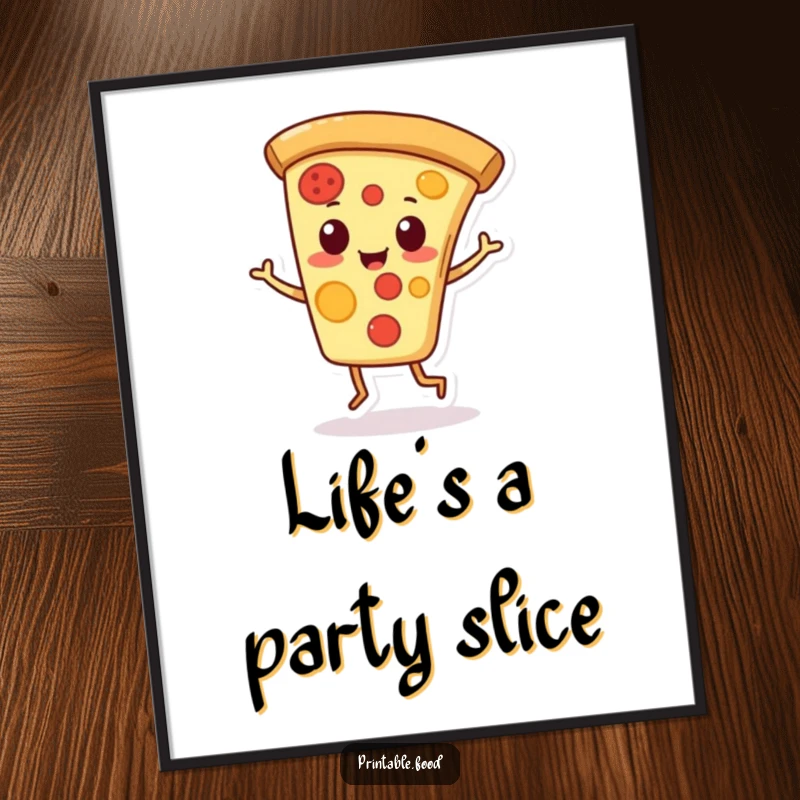 Funny poster featuring a playful pizza slice character doing a jaunty jig, vibrant and full of life.