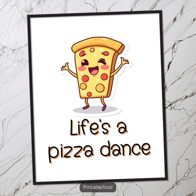 Funny poster print of a cheerful pizza slice character doing a happy dance on its crust, a delightful piece of food art.