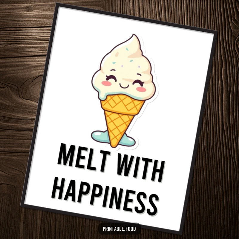 Funny Ice Cream Poster: A smiling ice cream cone character melts with glee, creating a sweet and humorous piece of wall art.