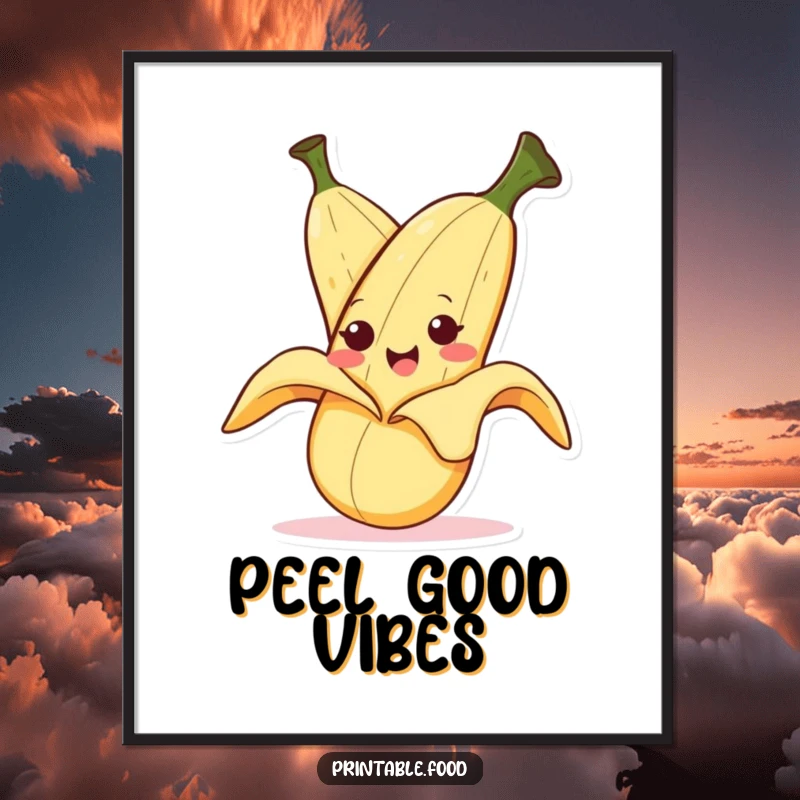 Funny poster of a smiling banana character peeling itself with a mischievous expression, offering playful and humorous wall art.
