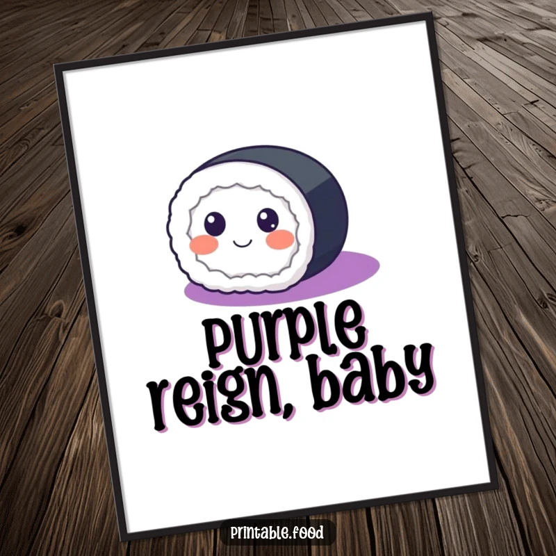 Funny Poster depicting a happy sushi roll with eyes rolling across a purple gradient, adding cheerful charm to any room.