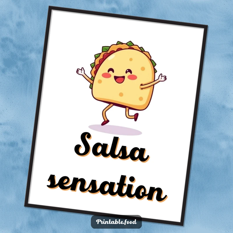 Funny poster art of a taco with legs dancing the salsa, bringing a vibrant Mexican fiesta vibe.