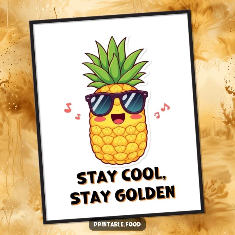 Funny poster featuring a cheerful pineapple wearing sunglasses and humming, radiating tropical coolness and positive, sunny vibes.