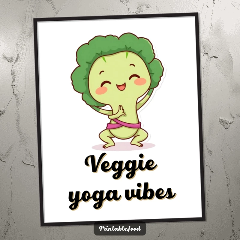 Funny Poster: Broccoli character in a balanced yoga pose, radiating peace and healthy humor, perfect for wall decor.