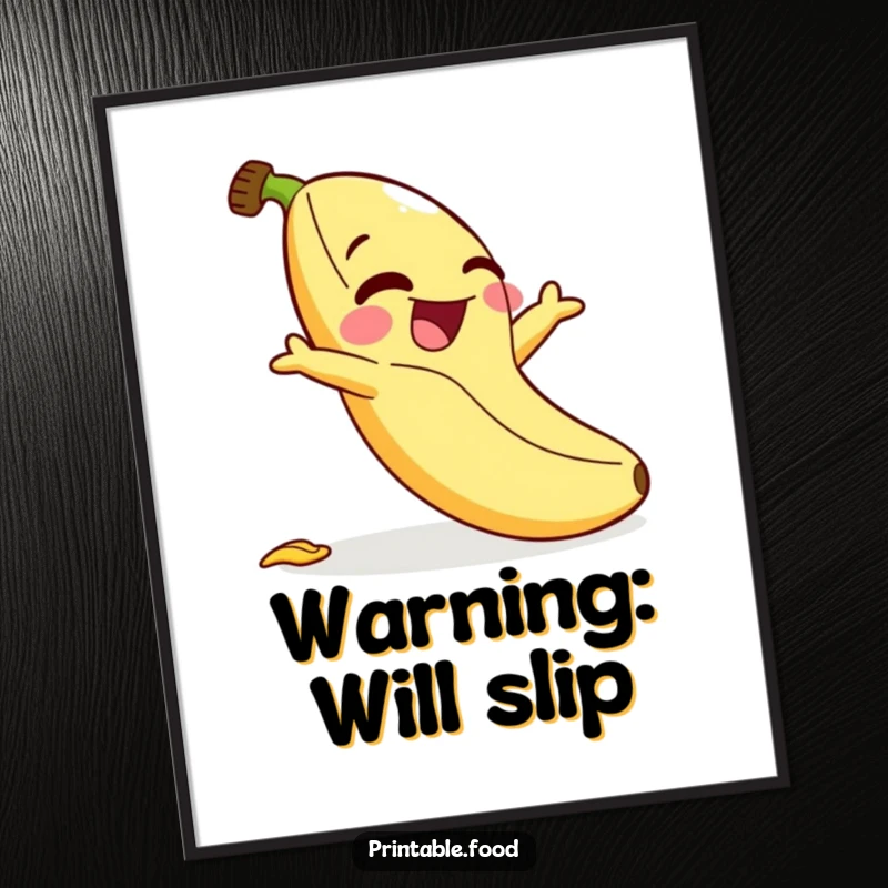Funny poster: A cartoon banana character bursts into laughter while spectacularly slipping on its own peel, a moment of pure slapstick.