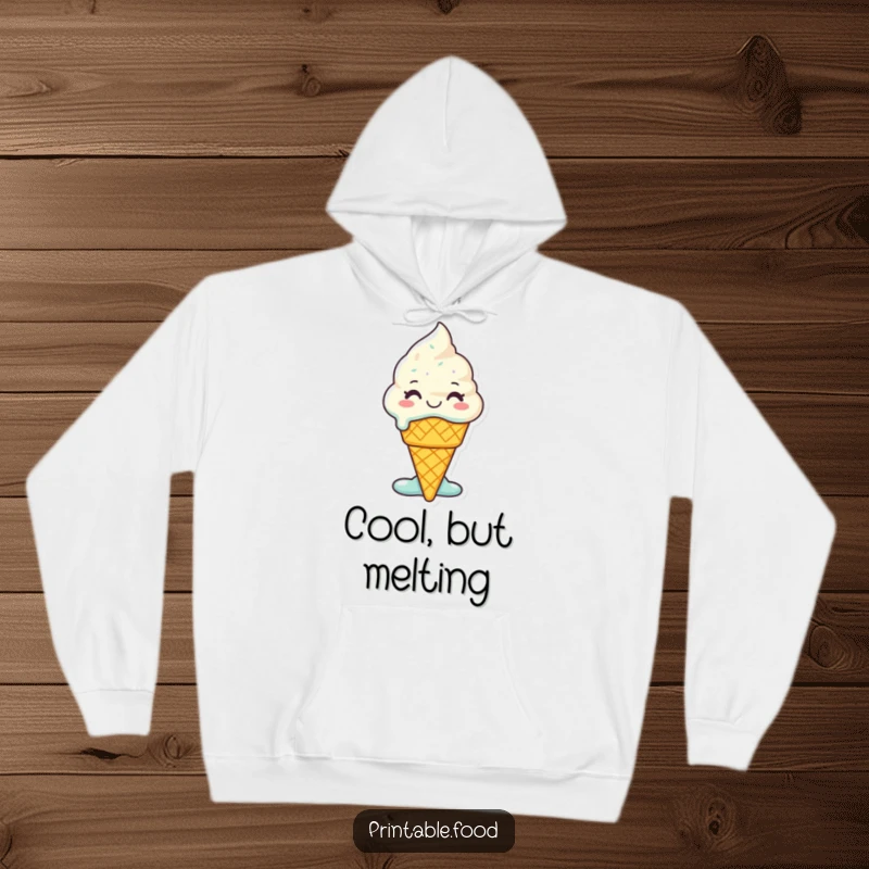 Funny Ice Cream Hoodie: A smiling ice cream cone character melts with glee, offering cozy comfort and sweet indulgence.