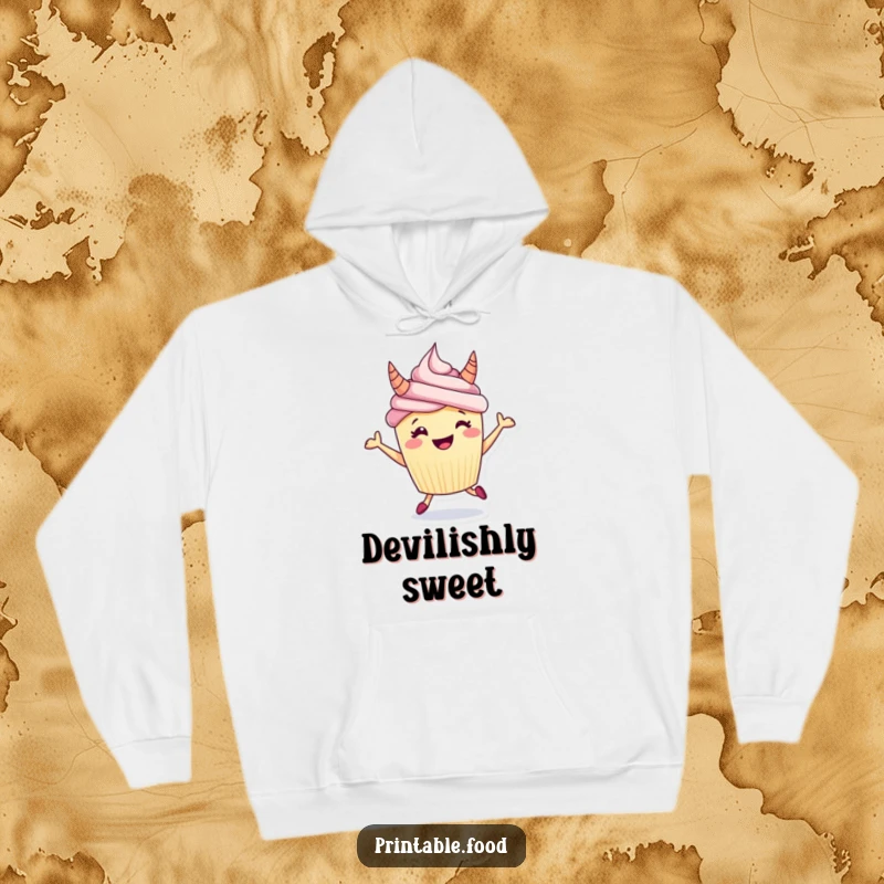 Funny hoodie with a grinning cupcake wearing frosting horns, captured in a joyful hopping pose for ultimate cozy humor.