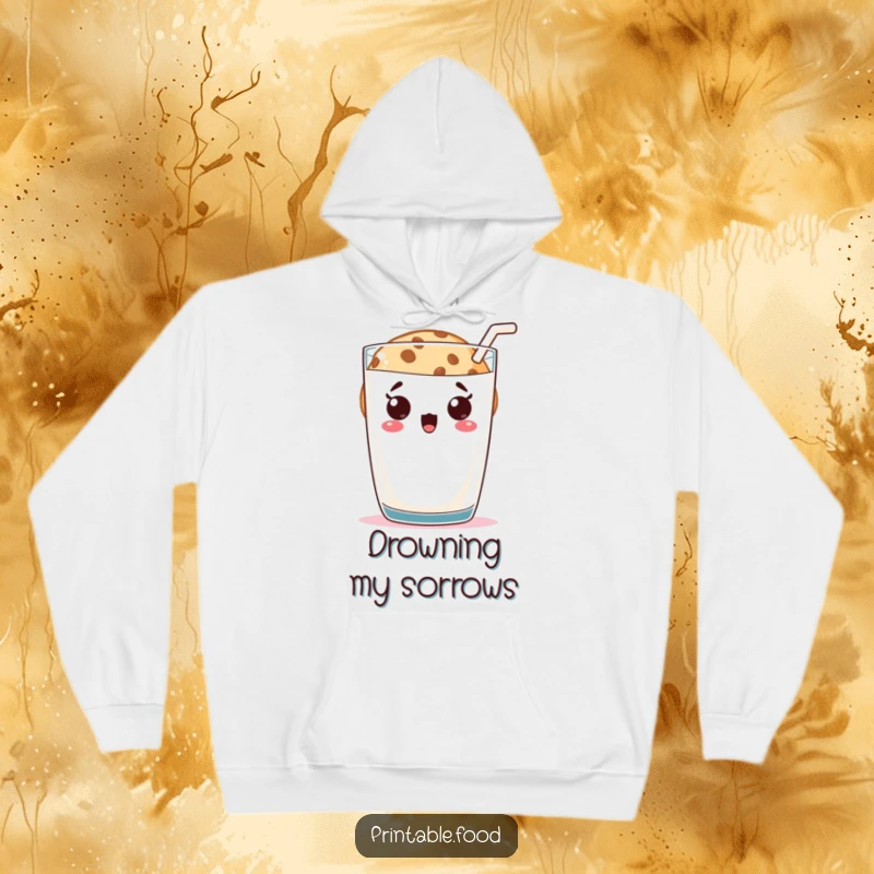 Funny cookie character peeking with wide eyes from behind a tall glass of milk, featured on a comfy hoodie, offering warmth and humor.