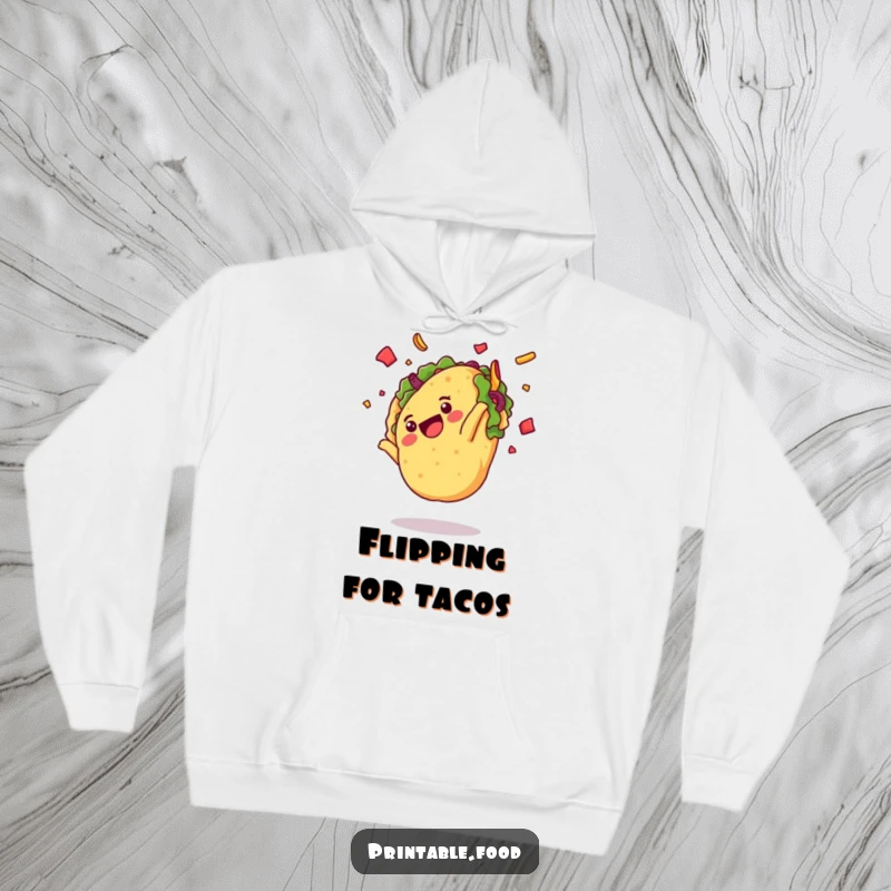 Funny hoodie with a delighted taco character mid-somersault, toppings flying, offering warmth and humor, a great gift.