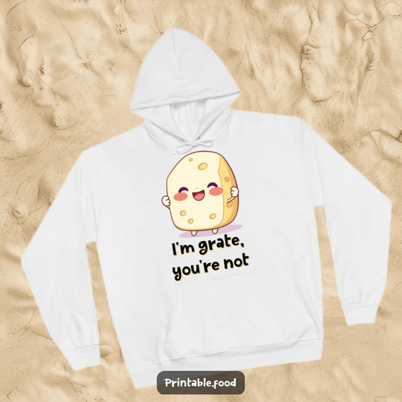 Funny hoodie with a delighted, smiling cheese character being pulled apart, perfect for cozy and humorous comfort.