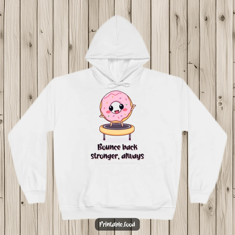 Funny donut character mid-bounce on a trampoline, printed on a cozy hoodie, radiating positivity and comedic energy for a great gift.