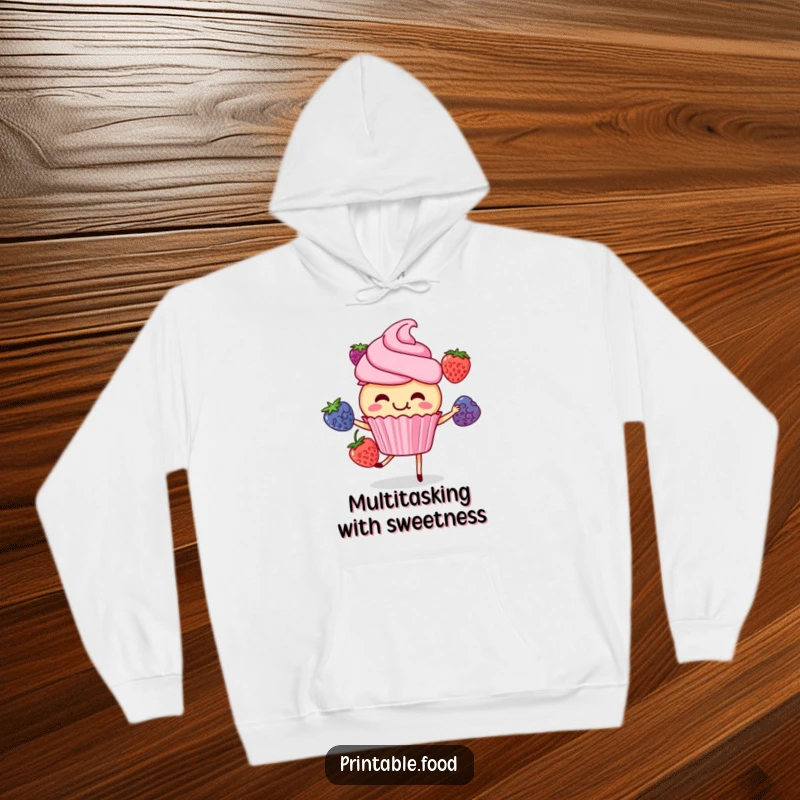 Funny cupcake character with a joyful expression, juggling colorful berries, featured on a cozy hoodie, offering warmth and lightheartedness.