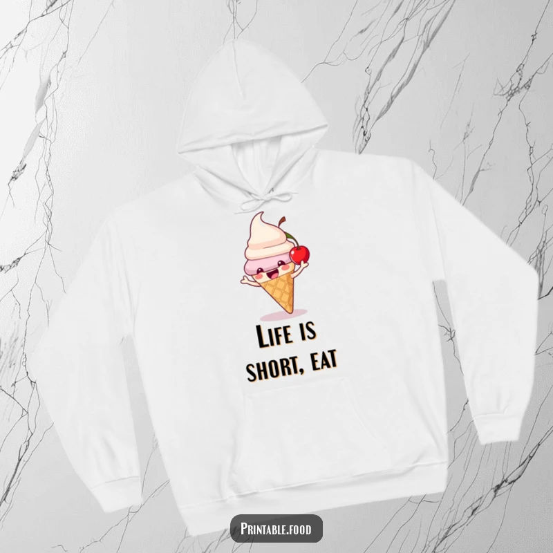 Funny ice cream cone hoodie featuring a playful character with a bouncing cherry, perfect for staying warm and stylish.