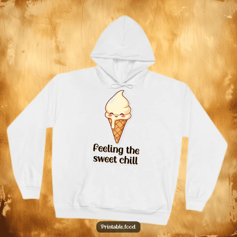 Funny hoodie depicting a giggling, melting ice cream cone, offering warmth, comfort, and a delightful dose of sugary amusement.