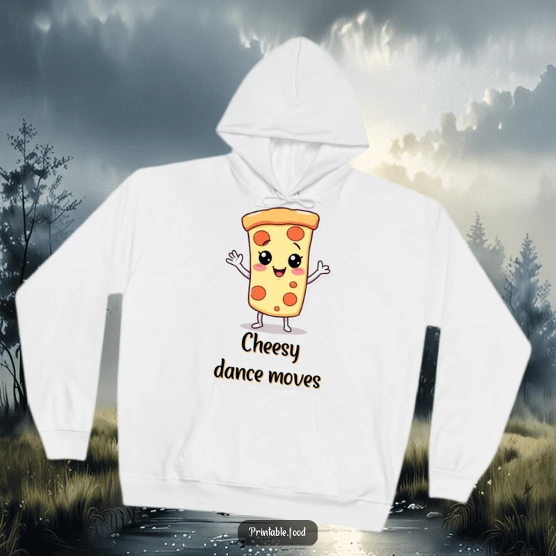 Funny Hoodie with a giggling pizza slice dancing and waving, embodying cheesy fun and comfort.