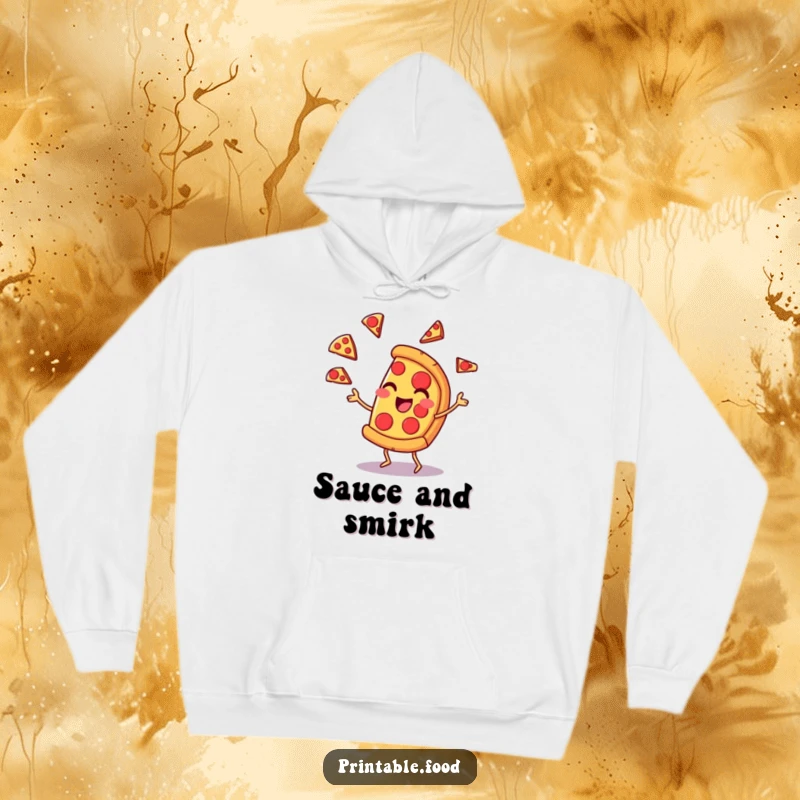 Funny hoodie showing a cheerful pizza slice character juggling pepperoni slices with a smirk, combining comfort with culinary comedy.