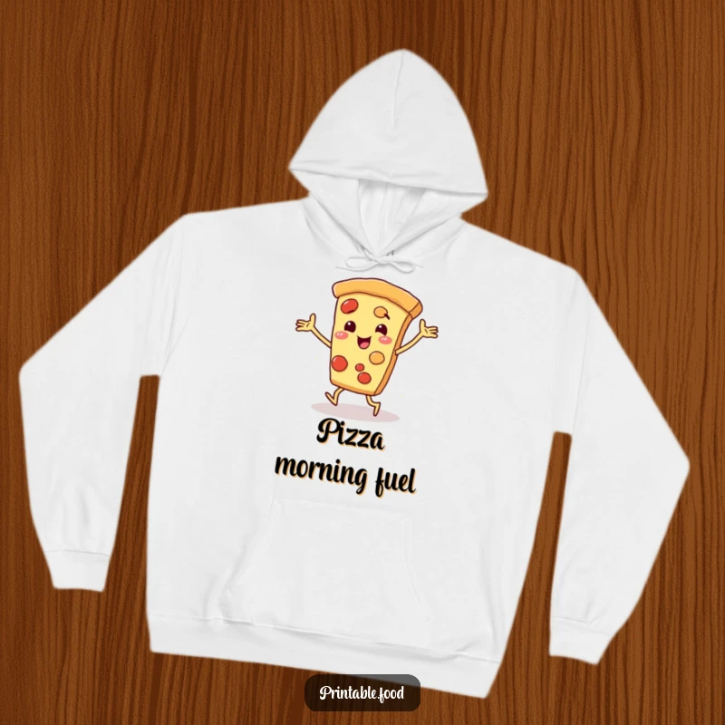 Funny and cozy hoodie featuring a smiling pizza slice character energetically dancing, ideal for comfort and humor.
