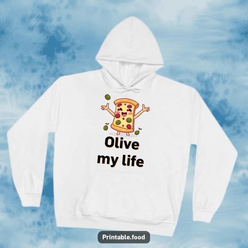 Funny hoodie showcasing a cheerful pizza slice character catching falling olives, perfect for cozy, food-loving moments.
