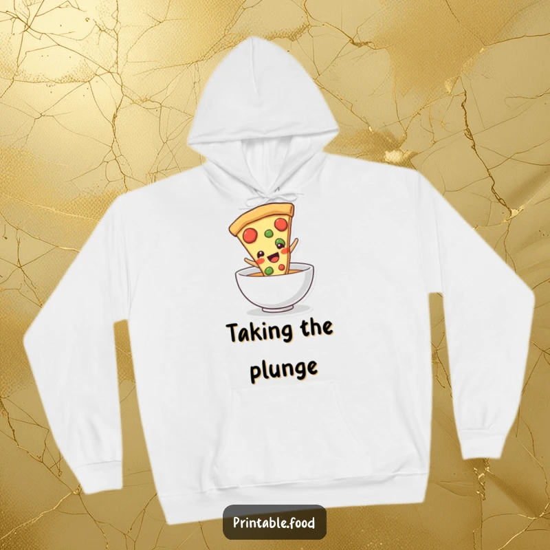 Funny pizza slice character sliding into a bowl, featured on a cozy hoodie, offering warmth and a delicious sense of humor.