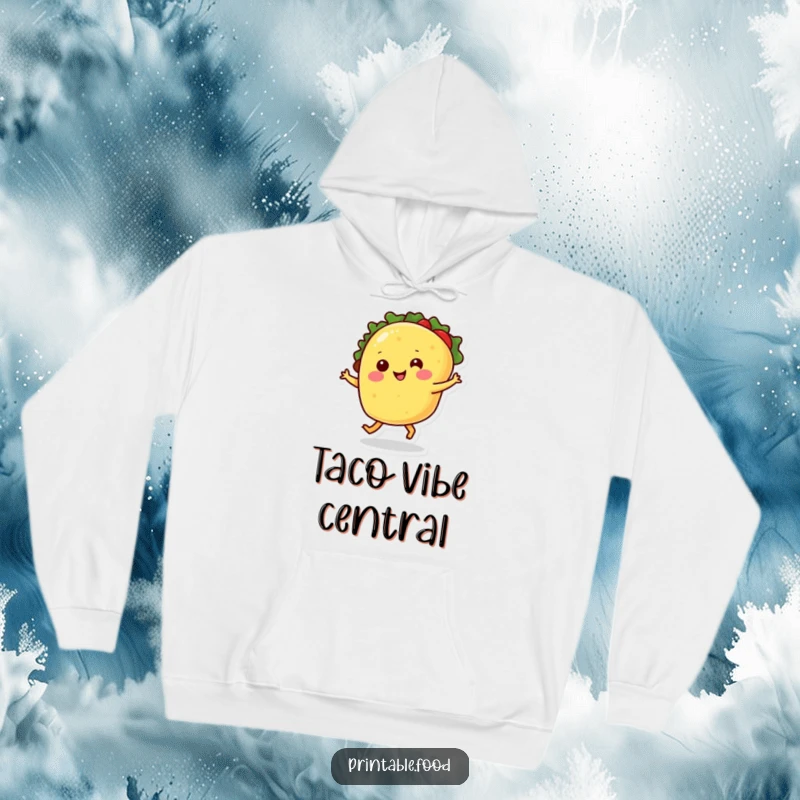 Funny hoodie with a smiling taco character dancing with animated legs, exuding happiness and celebration.