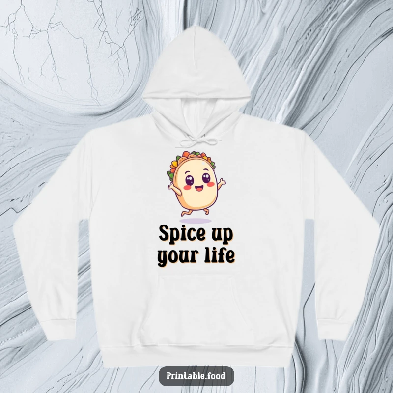 Funny hoodie featuring a dancing taco character with a smile and wide eyes, offering warmth and a splash of festive, humorous style.