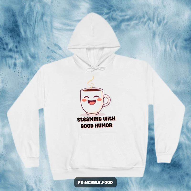 Funny hoodie depicting a winking, laughing coffee cup character with steam swirling, offering warmth and comical cheer.