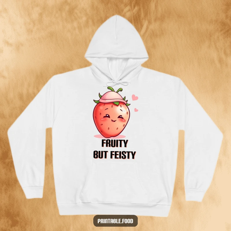 Funny hoodie depicting a mischievous strawberry with a hat giving a wink, a snuggly and humorous apparel item.