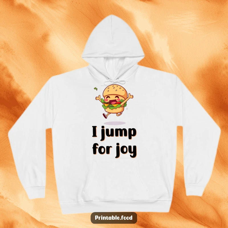 Funny grinning burger hoodie with a character leaping joyfully, lettuce flying, perfect for cozy and fun wear.