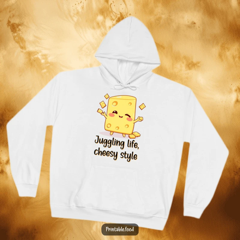Funny hoodie with a winking cheese wedge character juggling crackers, offering cozy comfort and a dash of delicious humor.