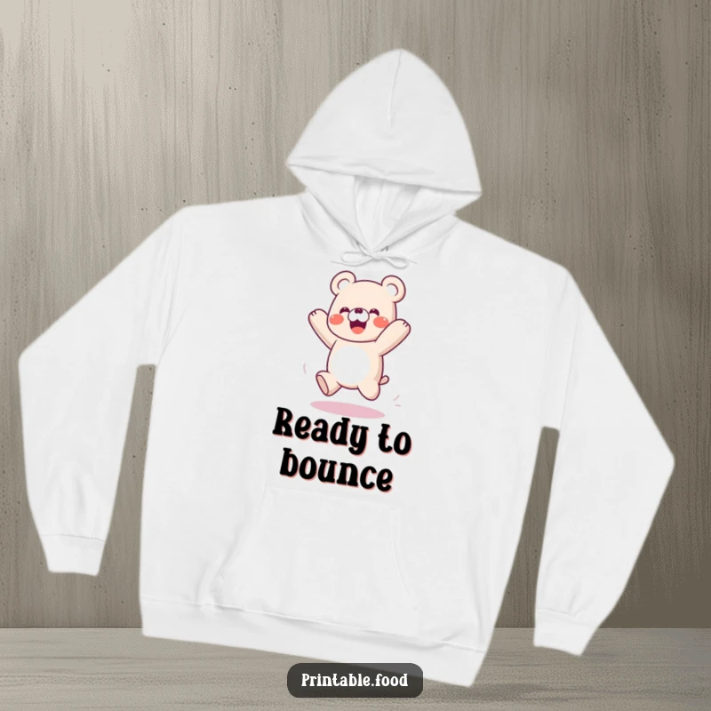 Funny hoodie with a playful gummy bear character bouncing like a spring, cozy and full of energy.