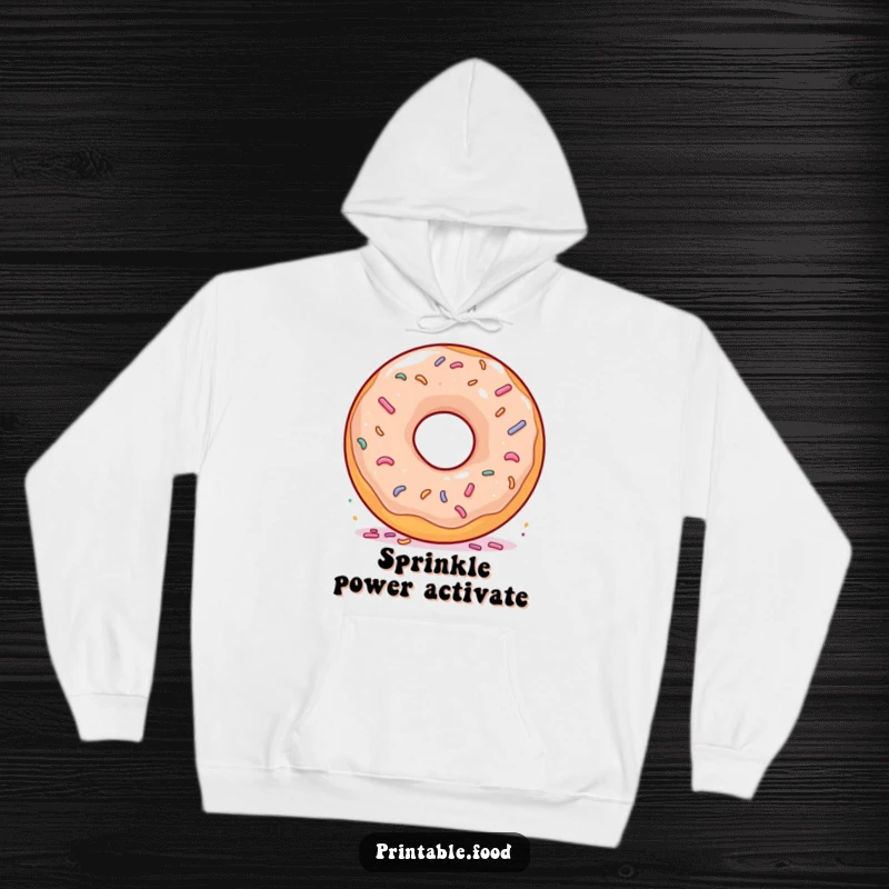 Funny Donut Spinning Sprinkles Hoodie: A warm hoodie featuring a joyful donut spinning ecstatically, covered in colorful sprinkles.