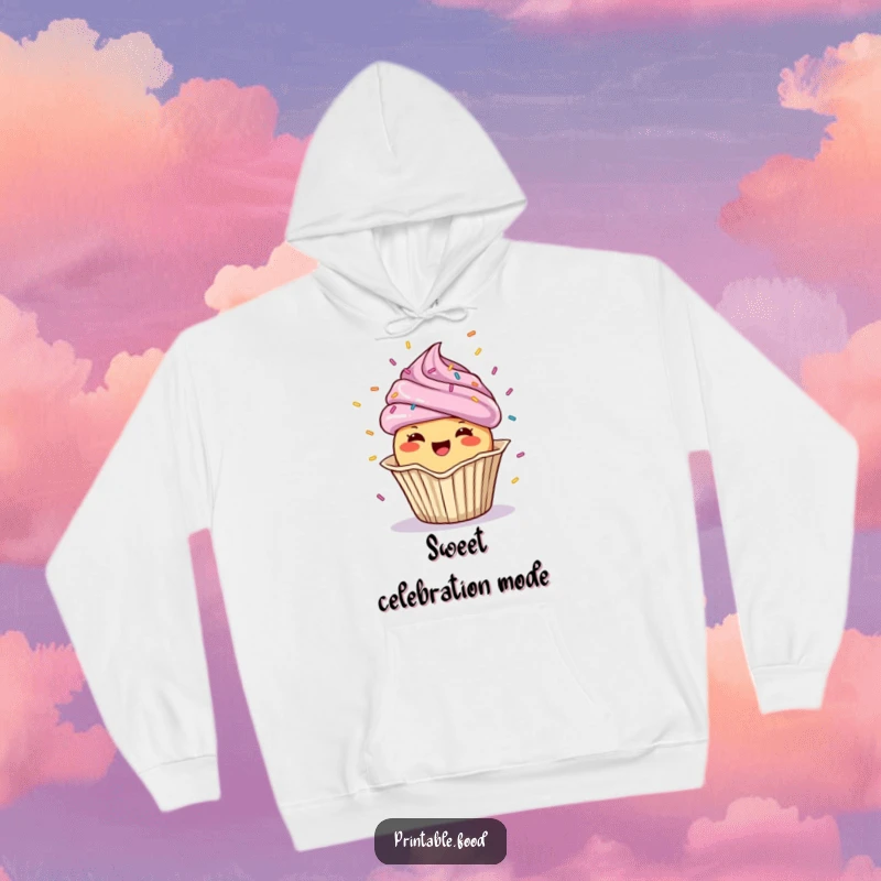 Funny Hoodie with a cheerful cupcake character showering confetti, perfect for cozy celebrations and festive vibes.