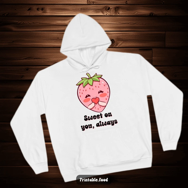 Funny hoodie with a shy, blushing strawberry character offering a small heart, perfect for warmth and cute, humorous vibes.