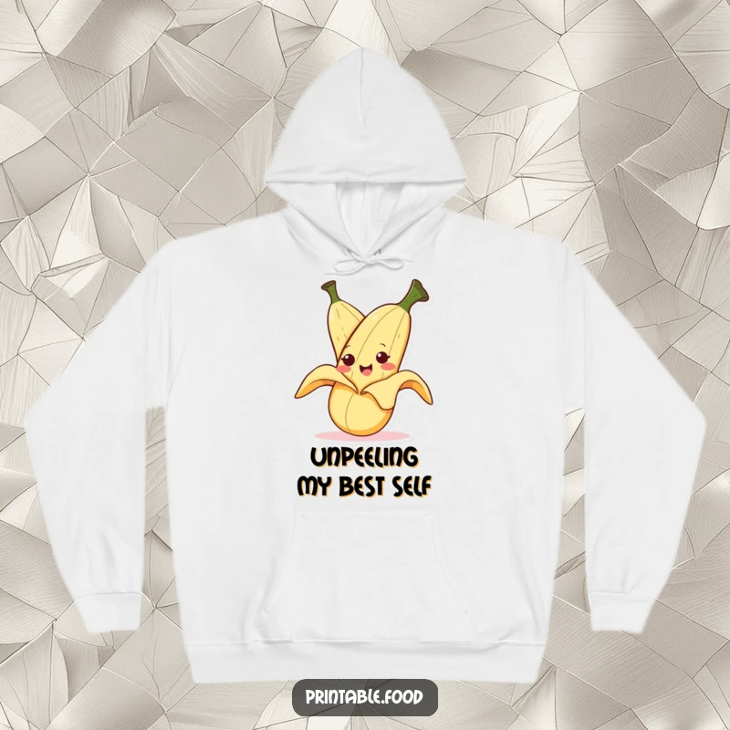 Funny hoodie design of a smiling banana character peeling itself with a mischievous expression, offering cozy humor.