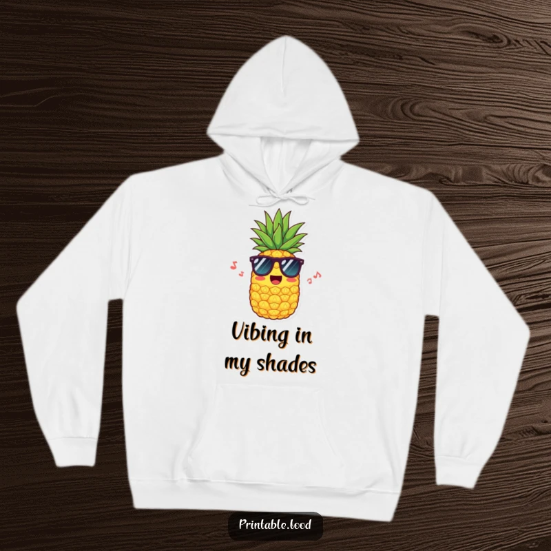 Funny hoodie featuring a cool pineapple in sunglasses, humming a tune, offering warmth and a splash of tropical, humorous style.