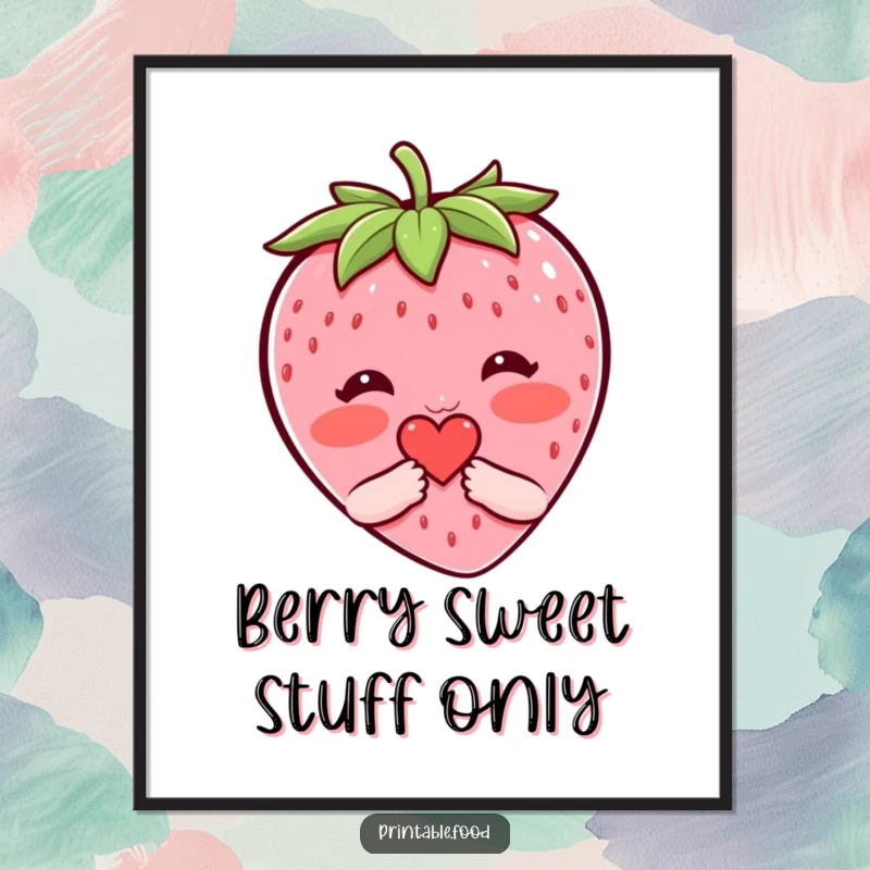 Cute Free Printable Wall Art: Blushing strawberry character shyly offering a tiny heart, perfect for sweet decor.