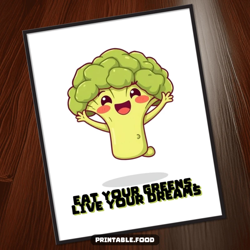Funny Free Printable Wall Art: A jubilant broccoli floret executing a spectacular jump, bringing smiles to any room.