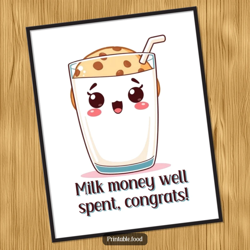 Funny Free Printable Wall Art: Cookie character with wide eyes peeking from behind an enormous glass of milk.