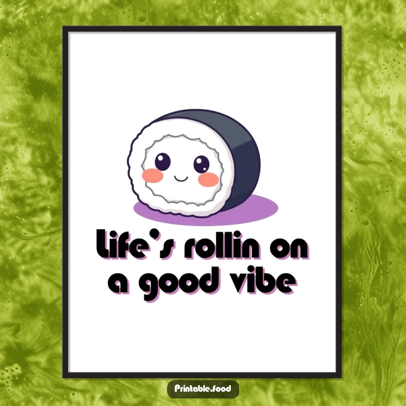 Funny Free Printable Wall Art: A happy sushi roll with cute eyes, rolling merrily across a smooth purple gradient.